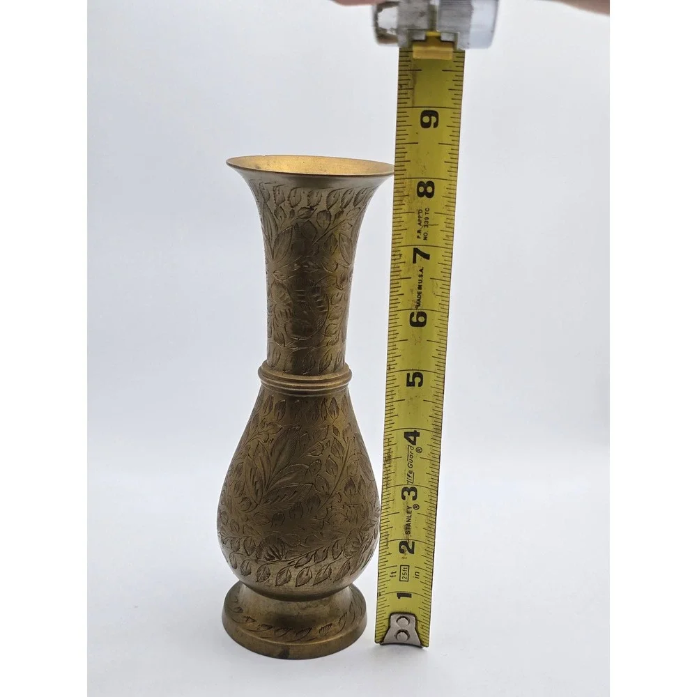 Vintage Etched Brass Vase Floral Hand Engraved Made in India 8.5 Inch Boho Decor